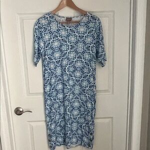 Chico's Blue and White Geometric Midi Dress